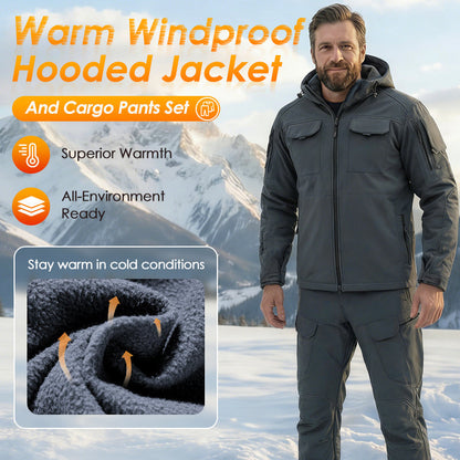 Warmes und winddichtes Set: Kapuzenjacke und Cargohose für Herren