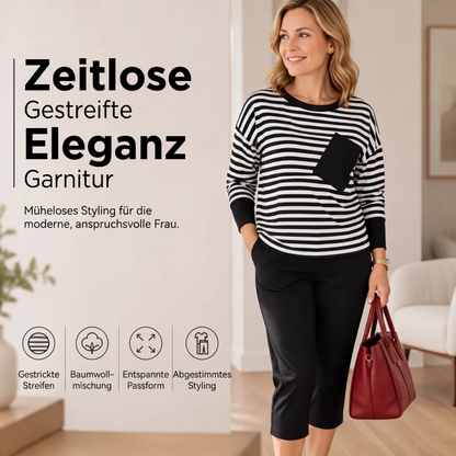 Zweiteiliges gestreiftes Set für Damen: Langarm-Oberteil und Hose