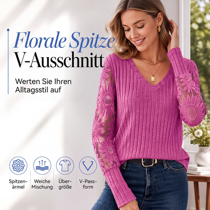 ⭐ 4,9 Sterne – nicht ohne Grund! Langarm-Oberteil aus gebürstetem Rippstoff mit Spitzenbesatz für Damen