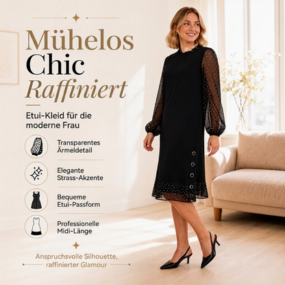 👗 Elegantes Damenkleid mit transparenten Punktenärmeln – Weich, feminin & stilvoll für festliche Anlässe ✨