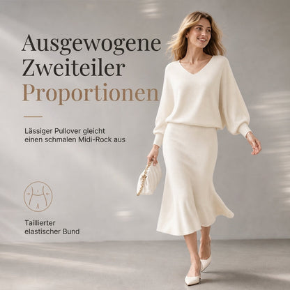Elegantes Zweiteiler-Set mit V-Ausschnitt, Fledermausärmeln aus Strick und Midirock