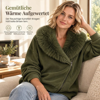 Entspannter Damenmantel mit Plüschimitatkragen und asymmetrischem Reißverschluss
