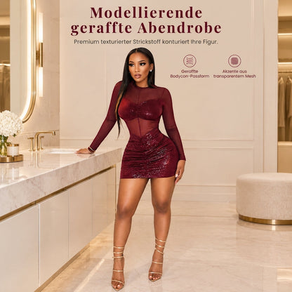 🥳Jetzt kaufen!🥳 Sexuelles figurbetontes Langarmkleid aus transparentem Mesh-Patchwork für Damen – Elegantes Abendkleid für Partys